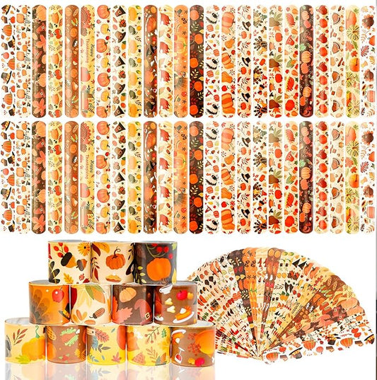 48Pcs Thanksgiving Slap Bracelets Thanksgiving Party Favors for Kids Thanksgiving Gifts for Kids Autumn Maple Leaf Turkey Pumpkin Slap Bracelets for Fall Party Favors Decorations Classroom Prizes
