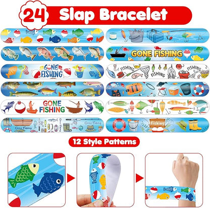 48PCS Gone Fishing Party Favors - 24PCS Tattoos & 24PCS Slap Bracelets - Fishing-Themed Birthday Supplies, Decorations, Classroom Prizes, Carnival Rewards, Gifts for Boys & Girls