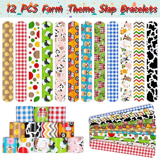 Farm Animals Party Favors Set 84 PCS Barnyard Animal Masks Sticker Keychains Straw Slap Bracelet Rubber Pigs Gift for Kids Birthday Party Baby Shower Goodie Bag Fillers Supplies
