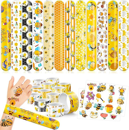 48PCS Bee Party Favors - 24PCS Tattoos & 24PCS Slap Bracelets - Honey Bee Birthday Supplies, Baby Shower Decorations, Classroom Prizes, Gifts for Girls & Kids