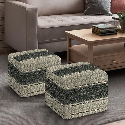 SIMPLIHOME Grady Square Pouf, Footstool, Upholstered in Green, Natural Handloom Woven Wool and Cotton, for the Living Room, Bedroom and Kids Room, Boho, Contemporary, Modern