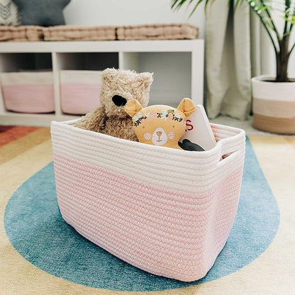 OrganiHaus Cotton Rope Basket for Shelf - Woven Storage Basket for Organizing, Closet & Toy Storage - Pink/Off-White - 15x9x10