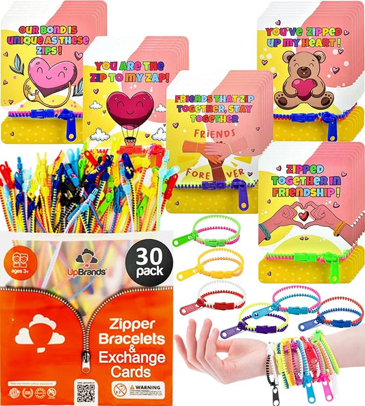 UpBrands 30 Valentine's Day Cards for Kids School & Fidget Zipper Bracelets Party Favors Toys, Bulk Valentine's Day Gifts for Kids, Classroom Exchange Gifts & Student Incentives