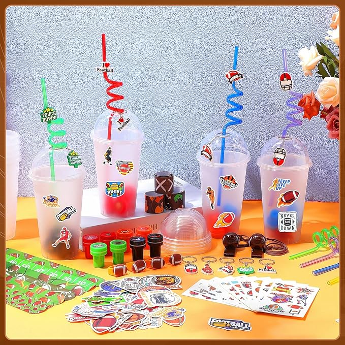 Aoriher 238 Pcs Football Sport Party Favors Set Football Birthday Gift Football Cup Fillers with Straw Football Whistle Stamper Slap Bracelet Keychain Ring Tattoo Sticker for Sport Party Supplies