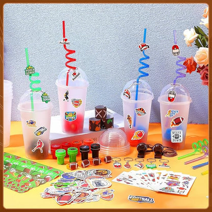 Aoriher 238 Pcs Football Sport Party Favors Set Football Birthday Gift Football Cup Fillers with Straw Football Whistle Stamper Slap Bracelet Keychain Ring Tattoo Sticker for Sport Party Supplies