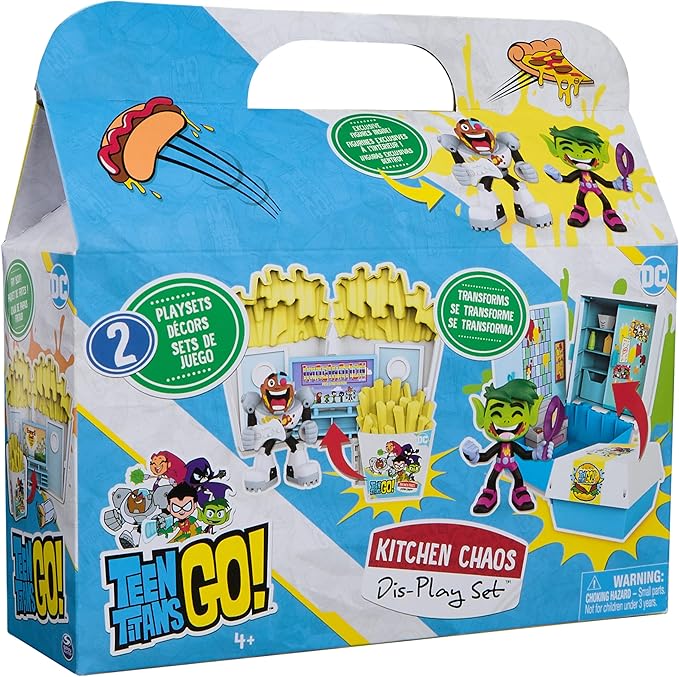 Spin Master Teen Titans Go! Kitchen Chaos Dis-Play Set with Beast Boy and Cyborg Figures and Accessories, Playset Kids Toys for Boys and Girls 4 and Up
