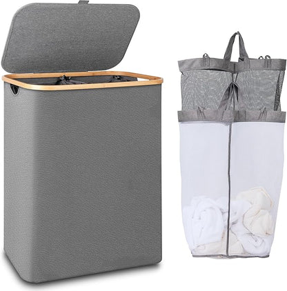 iEGrow 150L Laundry Hamper with Lid-Large Laundry Basket with Bamboo Handles, Grey Hampers for Laundry, Dirty Clothes Hamper with 2 Removable Inner Bags for Clothes Toys Towels