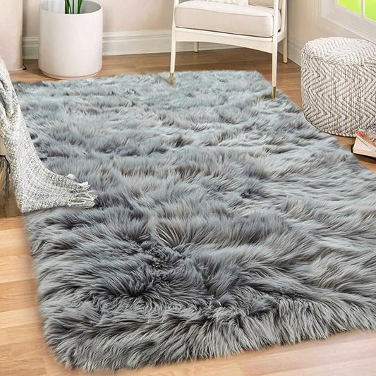 Gorilla Grip Fluffy Faux Fur Rug, Machine Washable Soft Furry Area Rugs, Rubber Backing, Plush Floor Carpets for Baby Nursery, Bedroom, Living Room Shag Carpet, Luxury Home Decor, 2x4, Gray