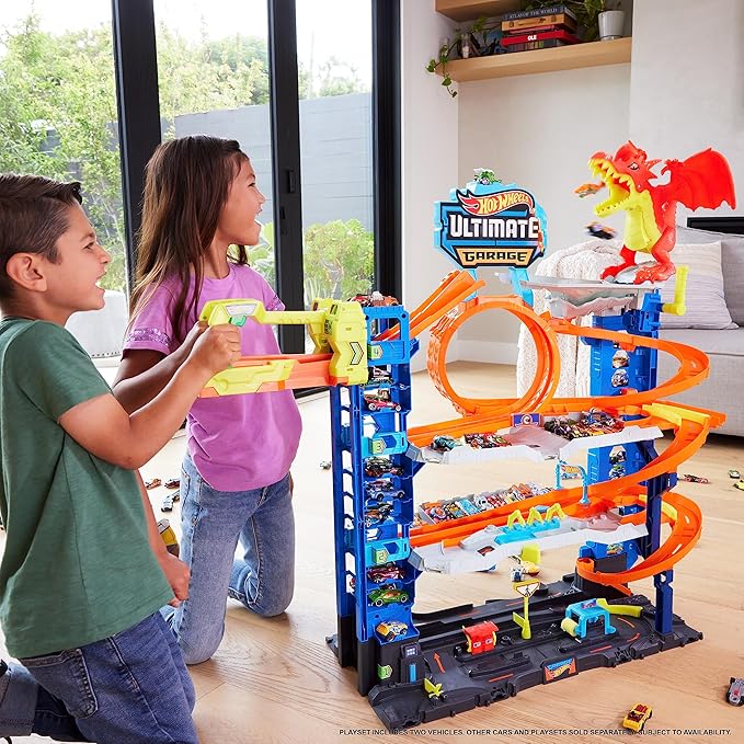 Hot Wheels City Ultimate Garage Track Set with 2 Die-Cast Toy Cars & Car-Eating Dragon, Stores 50+ Vehicles, 4 Levels