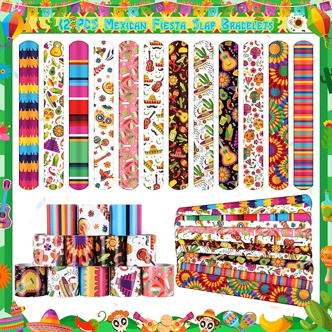 Erweicet Fiesta Party Favors 84 PCS Fiesta Mexican Theme Slap Bracelets DIY Stickers Tattoo Stickers Keychains Straws Gift Bags for Cinco De Mayo Theme Birthday Party Baby Shower