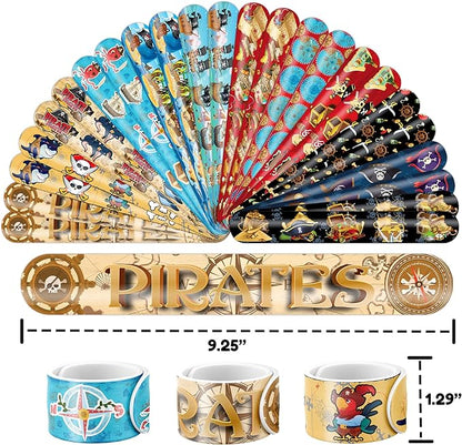 48PCS Pirate Party Favors - 24PCS Tattoos & 24PCS Slap Bracelets - Pirate-Themed Birthday Supplies, Treasure Hunt Decorations, Classroom Prizes, Gifts for Boys & Girls