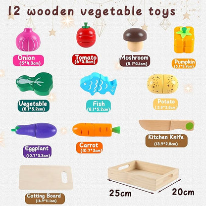 newlng Wooden Play Food Sets for Kids Cutting Vegetables Pretend Play Kitchen Accessory for Toddler Montessori Toys Early Educational Toys with Wooden Box & Knife & Cutting Board