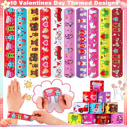 JUNEBRUSHS 56 Pack Valentines Slap Bracelets, Valentines Day Party Favors for Kids Valentines Slap Bands Wristbands Snap Bracelets Bulk for Boys Girls Birthday Gifts Party Supplies