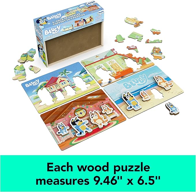 Bluey 4-Pack of Wooden 24-Piece Puzzles with Interchangeable Pieces | Bluey Birthday Party Supplies | Bluey Party Favors | Bluey Toys for Kids Ages 3+