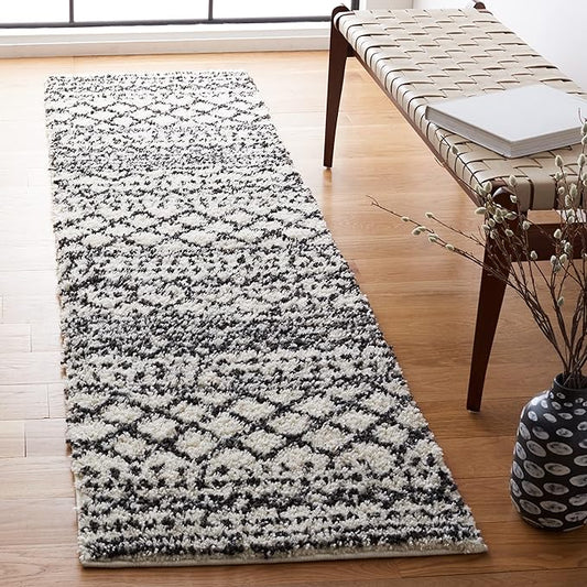 SAFAVIEH Arizona Shag Collection Runner Rug - 2'3" x 10', Ivory & Black, Moroccan Design, Non-Shedding & Easy Care, 1.6-inch Thick Ideal for High Traffic Areas in Living Room, Bedroom (ASG741Z)