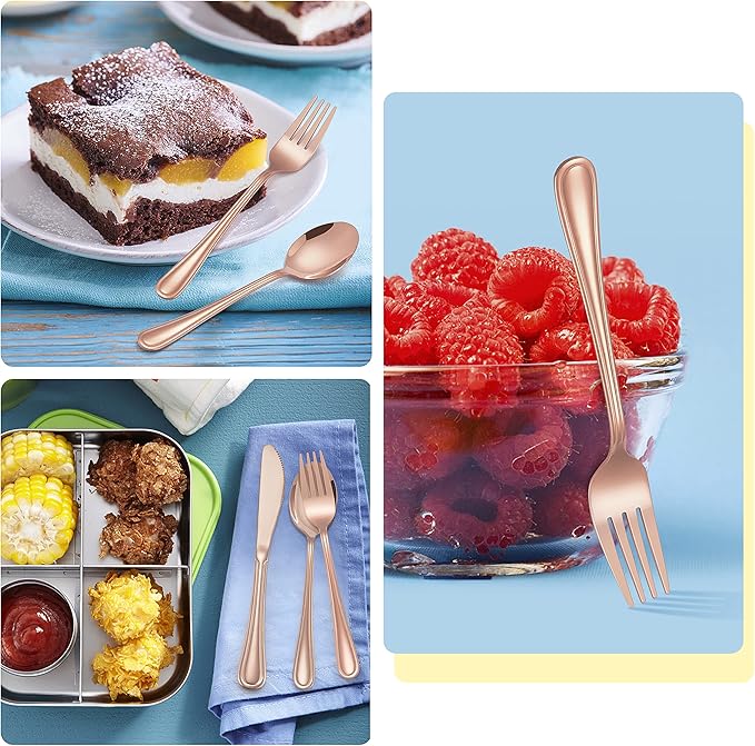 12-Piece Copper Kids Silverware, E-far Stainless Steel Toddler Kids Utensils Safe for Preschooler/Children, Includes 4 Forks 4 Spoons 4 Knife, Slimline Look & Small Size, Rust Free