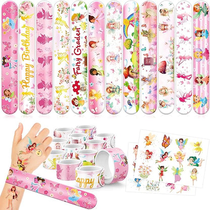 48PCS Fairy Party Favors - 24 Tattoos & 24 Slap Bracelets, Ideal for Fairy-Themed Birthdays, Baby Showers, and Classroom Rewards for Kids