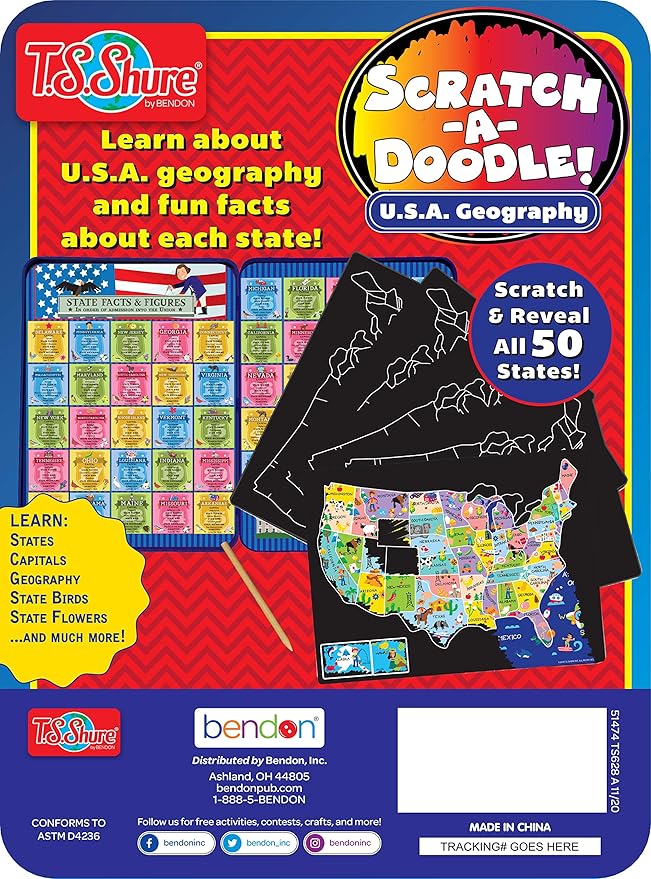 Bendon TS Shure Educational Scratch-A-Doodle United States USA Geography Learning Tin with 5 Scratchboards and Wooden Stylus 51474