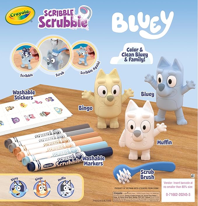 Crayola Scribble Scrubbies Deluxe Bluey Playset (3ct), Toddler Arts & Crafts Kit, Washable Stickers, Bluey Toys, Gift for Girls & Boys, Ages 3+