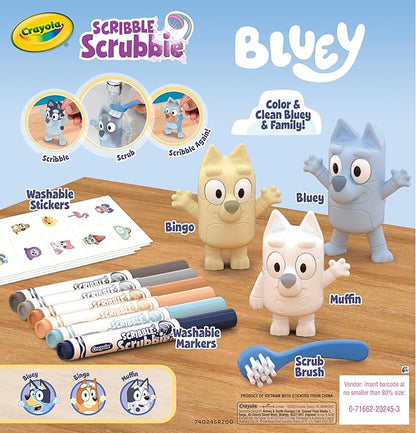 Crayola Scribble Scrubbies Deluxe Bluey Playset (3ct), Toddler Arts & Crafts Kit, Washable Stickers, Bluey Toys, Gift for Girls & Boys, Ages 3+