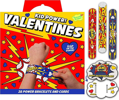 Peaceable Kingdom Valentines Cards for Kids Classroom, Set of 28 Valentines Day Gifts - Kid Power Slap Bracelets