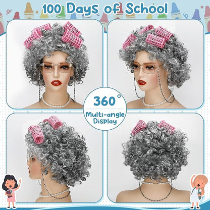 100 Days of School Costume, Old Lady Black White Curly Wig Glasses Wig Cap Necklace Bracelet Hair Rollers Cosplay Kit for Kid
