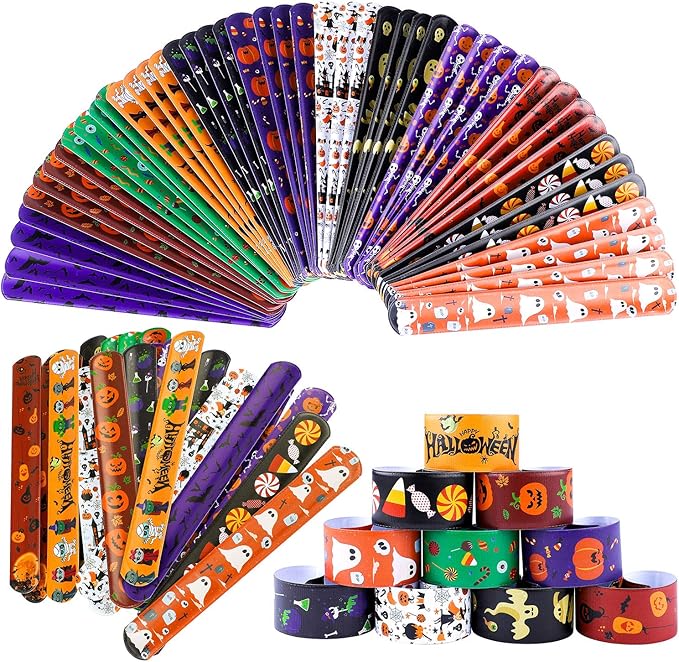 Elcoho 72 Pieces Halloween Favors Slap Bracelets Toys Halloween Wristbands Slap Bracelets for Halloween Trick or Treat Gifts