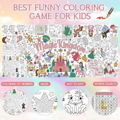 Magic Kingdom Giant Coloring Poster for Kids 30 x 72 Inch, Princess Large Coloring Poster Tablecloth, Fairy Themed Color-in Activities Games for Kids School Classroom Home Party Supplies Decorations