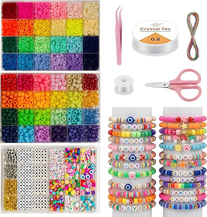 Jewelry Making Bead Kit, 6000 PCS Polymer Clay & Pony Beads, 24 Colors, 4 Letter Bead Styles, More Charms, Organizer Box, Bracelet Kit, Gift for Friends
