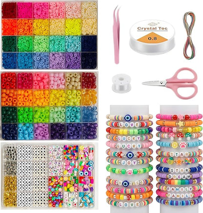 Jewelry Making Bead Kit, 6000 PCS Polymer Clay & Pony Beads, 24 Colors, 4 Letter Bead Styles, More Charms, Organizer Box, Bracelet Kit, Gift for Friends