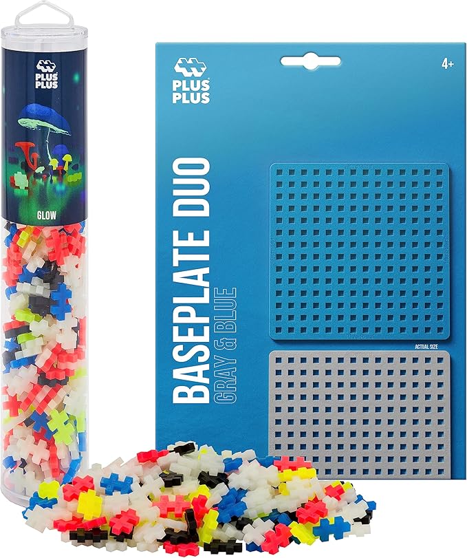 PLUS PLUS 240 Piece Interlocking Building Blocks for Kids, Open Ended Connecting Toys, STEM Bin Mini Manipulatives - Glow Mix Play Tube & Baseplate
