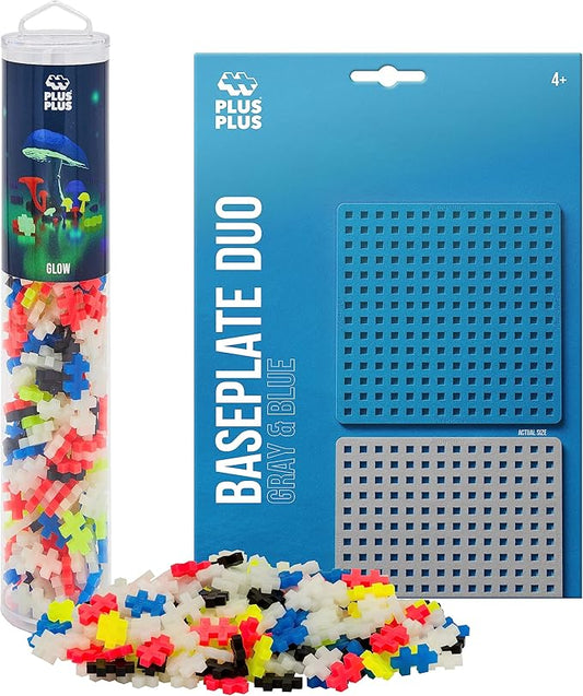 PLUS PLUS 240 Piece Interlocking Building Blocks for Kids, Open Ended Connecting Toys, STEM Bin Mini Manipulatives - Glow Mix Play Tube & Baseplate
