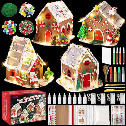 Fovths 4 Sets Clay Christmas Gingerbread House Kit with Lights Craft Cardboard Gingerbread House DIY Christmas Decorations Holiday Activity Arts and Crafts for Christmas Party Supplies Decoration