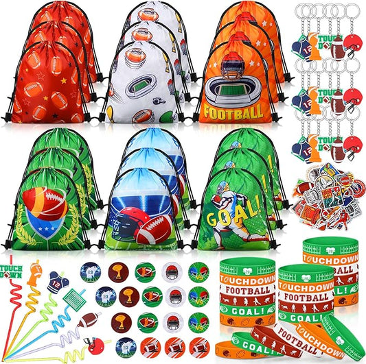 Sadnyy 140 Pcs Football Party Favors Birthday Party Decorations Supplies Drawstring Bags with Silicone Bracelets Keychains Straws Button Pins Stickers for Classroom Rewards Goodie Bags Stuffers