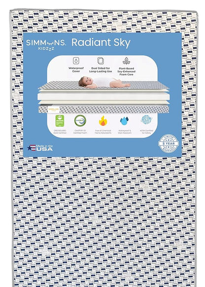 Simmons Kids Radiant Sky Dual Sided Baby Crib Mattress and Toddler Mattress, Waterproof, GREENGUARD Gold and CertiPUR-US Certified, Firm Plant-Based Foam, 5 Year Warranty, Made in USA
