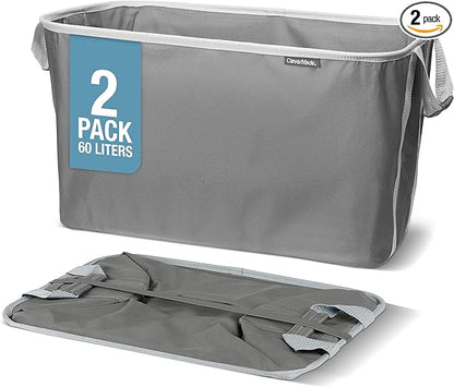 CleverMade Collapsible Laundry Basket 2 Pack – 60L (16 Gal) Foldable Clothes Hamper with Reinforced Handles, Space Saving Fabric Laundry Bin, Holds 55 lbs, Flat Folding for Dorm, Apartment & RV - Charcoal