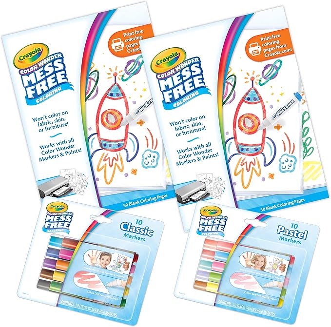 Crayola Color Wonder Mess Free Coloring Kit (120ct), 100 Coloring Pages, 20 Mini Markers, Travel Activity, Toddler Gift, 3+