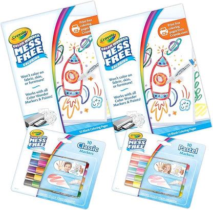 Crayola Color Wonder Mess Free Coloring Kit (120ct), 100 Coloring Pages, 20 Mini Markers, Travel Activity, Toddler Gift, 3+