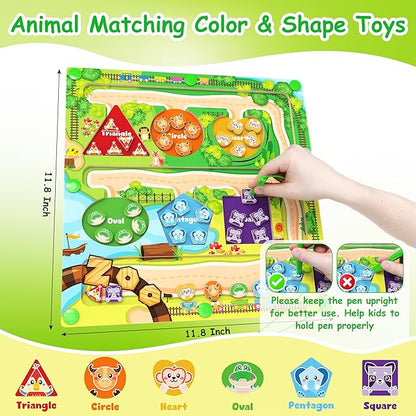 Magnetic Color & Shape Maze, Montessori Wooden Color Shape Matching Puzzle Board - Educational Learning Toys, Toddler Fine Motor Skills Sensory Toys for Boys Girls 3 4 5 Years Old Gift