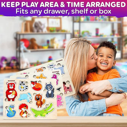 QUOKKA Wooden Puzzles for Toddlers Ages 1-3-5 – Animal Peg Puzzles for Kids 2-4 Years Old – Set of 3 Wood Learning Travel Toys for Children – Gift Educational Game for Boys and Girls