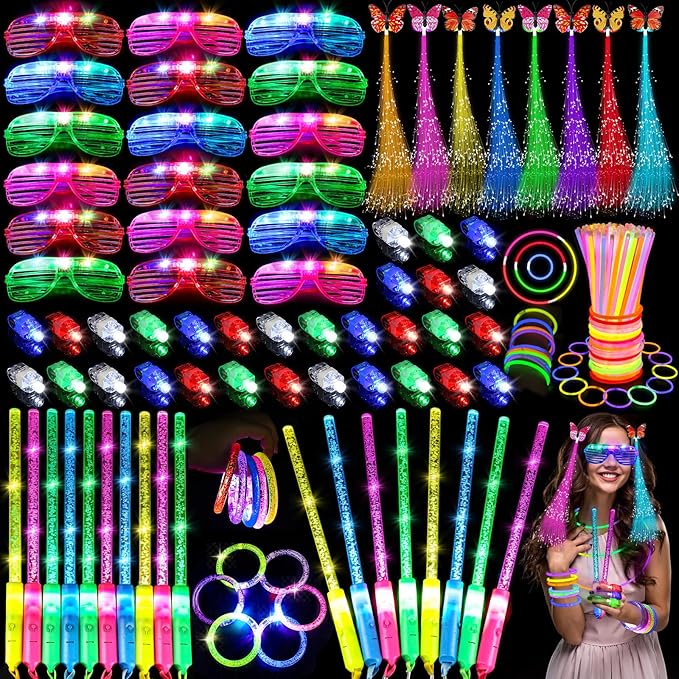 180PCS Glow in the Dark Party Supplies, 18PCS Light Up Wand, 18PCS LED Glasses, 30PCS Finger Lights and 100PCS Glow Sticks Necklaces Bracelets, Light Up Party Favors for Kids Adults, Wedding, Birthday