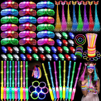 180PCS Glow in the Dark Party Supplies, 18PCS Light Up Wand, 18PCS LED Glasses, 30PCS Finger Lights and 100PCS Glow Sticks Necklaces Bracelets, Light Up Party Favors for Kids Adults, Wedding, Birthday