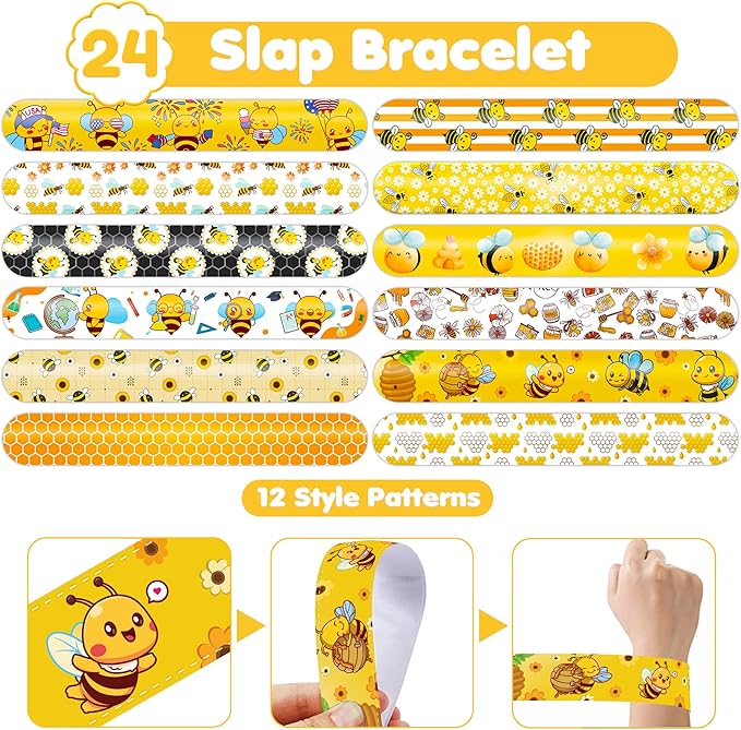 48PCS Bee Party Favors - 24PCS Tattoos & 24PCS Slap Bracelets - Honey Bee Birthday Supplies, Baby Shower Decorations, Classroom Prizes, Gifts for Girls & Kids