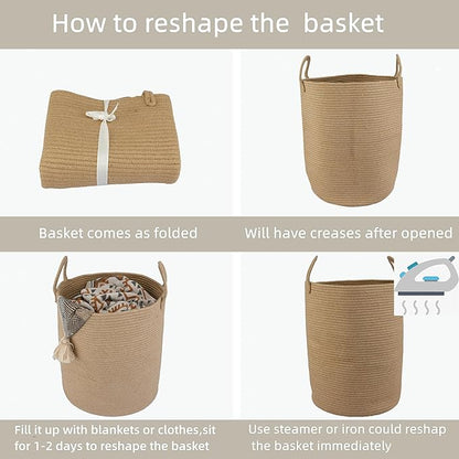 XUANGUO Cotton Rope Laundry Basket Hamper for Clothes Woven Storage Basket for Living Room Bedroom Boho Tall Rope Baskets for Blanket Toys Pillow Towels Baby Nursery Hamper Bin Large jute