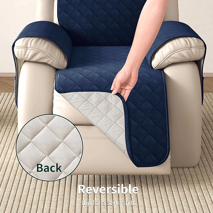 CHUN YI Recliner Chair Cover, Non-Slip Recliner Covers That Stay in Place, Washable Lazy Boy Recliner Covers with Pockets, Water Resistant Recliner Slipcover for Pets (Navy, Large Recliner)