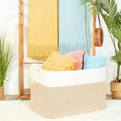 MINTWOOD Design 112L Extra Large Blanket Basket Holder Living Room, 25"x17"x16" Rectangle Rope Woven Storage Basket with Handles for Laundry, Pool Towels, Shoes, Dog Toy Organizer Bin Box, Light Brown