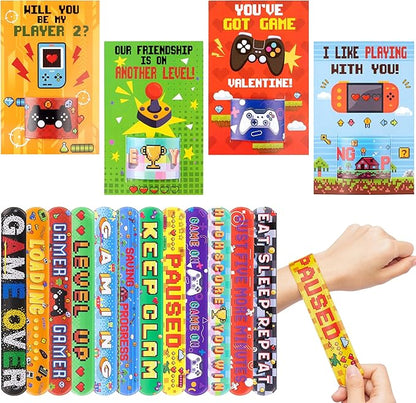 Haooryx Valentine's Exchange Gifts Bulk - 28-Piece Video Game Slap Bracelets with Greeting Cards Valentine's Day Kids' Multi-Item Party Favor Packs Class School Prizes Heartfelt Game Nights Reward
