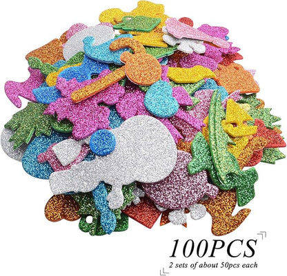 Foam Christmas Stickers,100pcs Glitter Self-Adhesive EVA Stickers Xmas Snowman Snowflake Cake Tree Gift Sugar Foam Stickers for Classroom Decorations Crafts DIY Scrapbooking Card