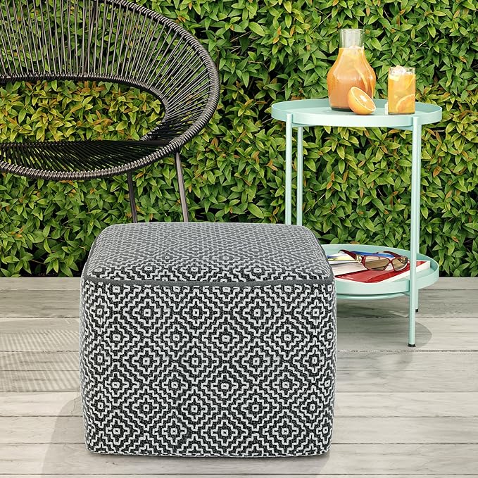 SIMPLIHOME Briella 18 Inch Boho Square Woven Outdoor/ Indoor Pouf in Grey and White Recycled PET Polyester, For the Living Room, Bedroom and Kids Room