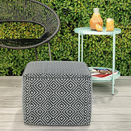 SIMPLIHOME Briella 18 Inch Boho Square Woven Outdoor/ Indoor Pouf in Grey and White Recycled PET Polyester, For the Living Room, Bedroom and Kids Room